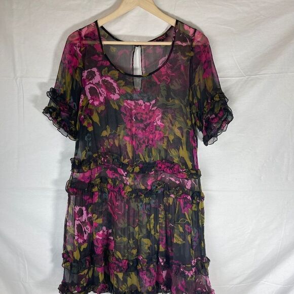 Betsey Johnson Midnight Floral Show Sheer Black/Pink Floral Ruffled Dres… - Picture 1 of 7